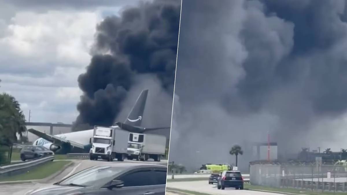 Avión de Amazon se incendia tras salirse de pista en Miami