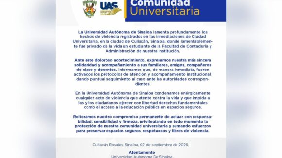 UAS lamenta asesinato de estudiante de Contaduría y Administración afuera de CU, en Culiacán