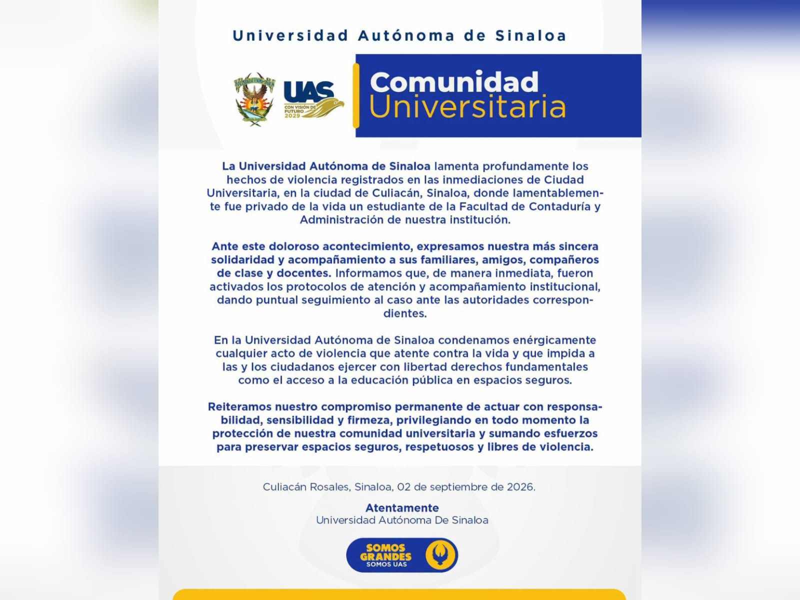Comunicado UAS sobre asesinato