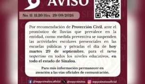 Se suspenden clases en todo Sinaloa para el turno vespertino hoy martes, por huracán ‘Polo’: SEPyC