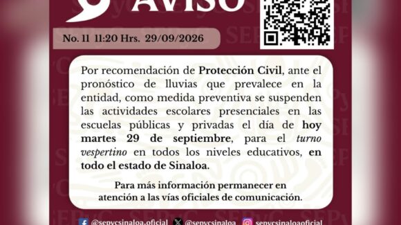 Se suspenden clases en todo Sinaloa para el turno vespertino hoy martes, por huracán ‘Polo’: SEPyC