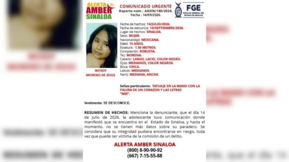 Activan Alerta Amber por desaparición de Wendy Moreno de Jesús, adolescente de 15 años, en Sinaloa