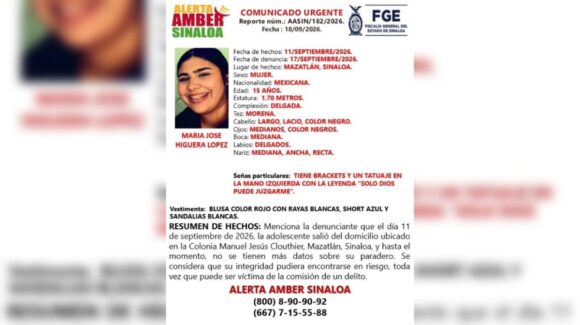 Activan Alerta Amber por María José, adolescente de 15 años desaparecida en Mazatlán, Sinaloa