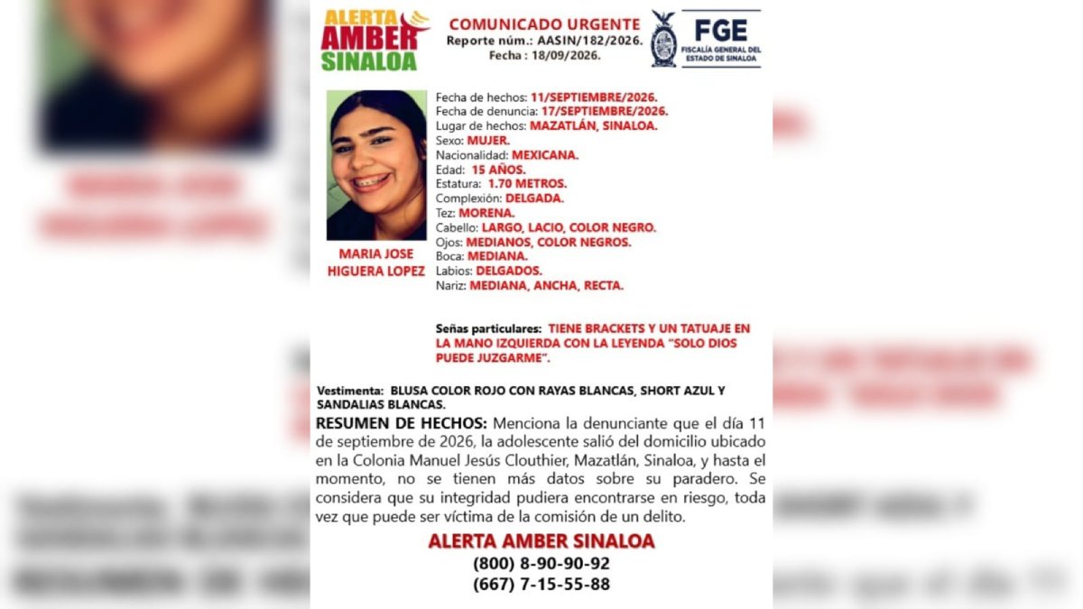 activan alerta amber por maria jose adolescente de 15 años desaparecida en mazatlan
