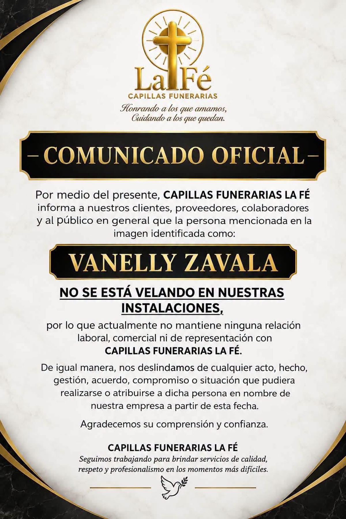 Comunicado de funeraria de Nuevo León