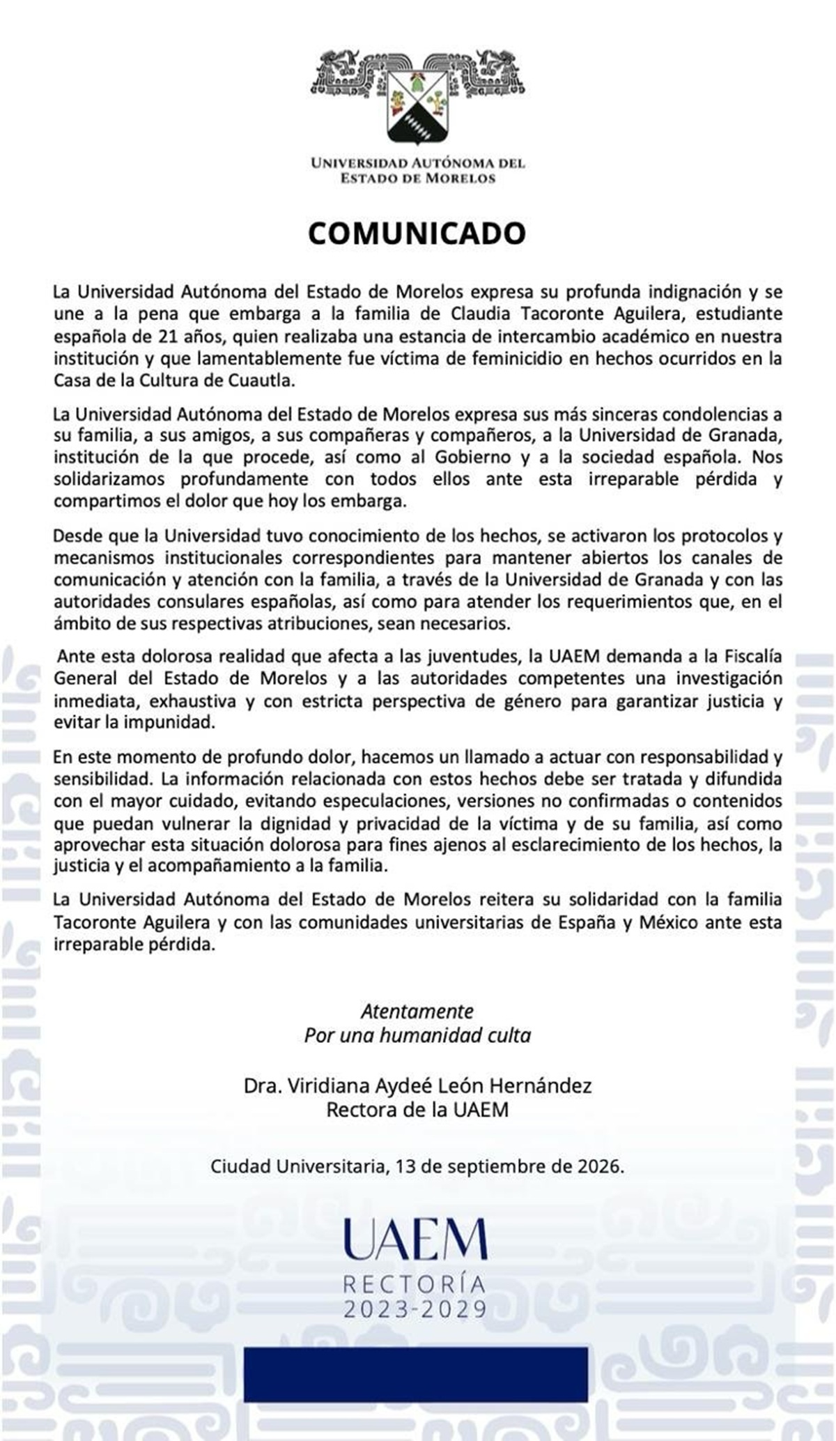 Comunicado de la Universidad de Morelos