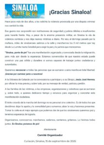 Consejo Sinaloense de Empresarios agradece participación en marcha por la paz en Culiacán