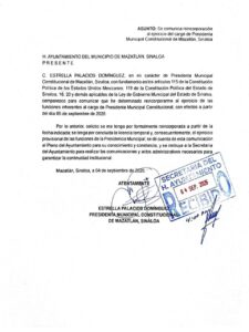 Documento de reincorporación de Estrella Palacios a la Alcaldía de Mazatlán