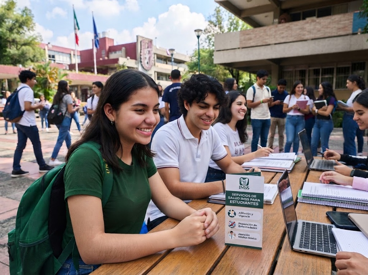 Estudiantes universitarios informándose sobre su seguro social del IMSS
