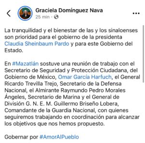 En Mazatlán, Graciela Domínguez se reúne con Harfuch