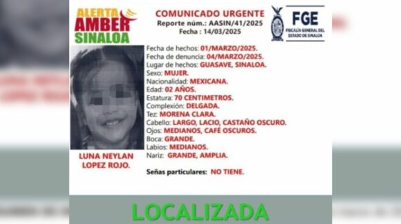 Localizan a Luna, niña de 2 años reportada como desaparecida en Guasave, Sinaloa