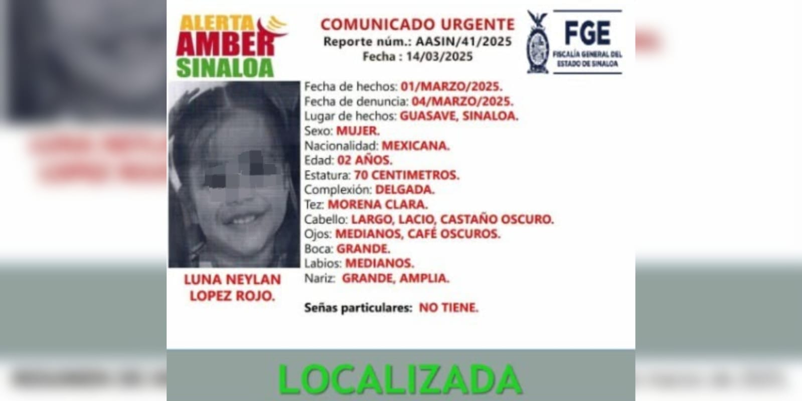 Localizan a Luna, reportada como desaparecida en Guasave
