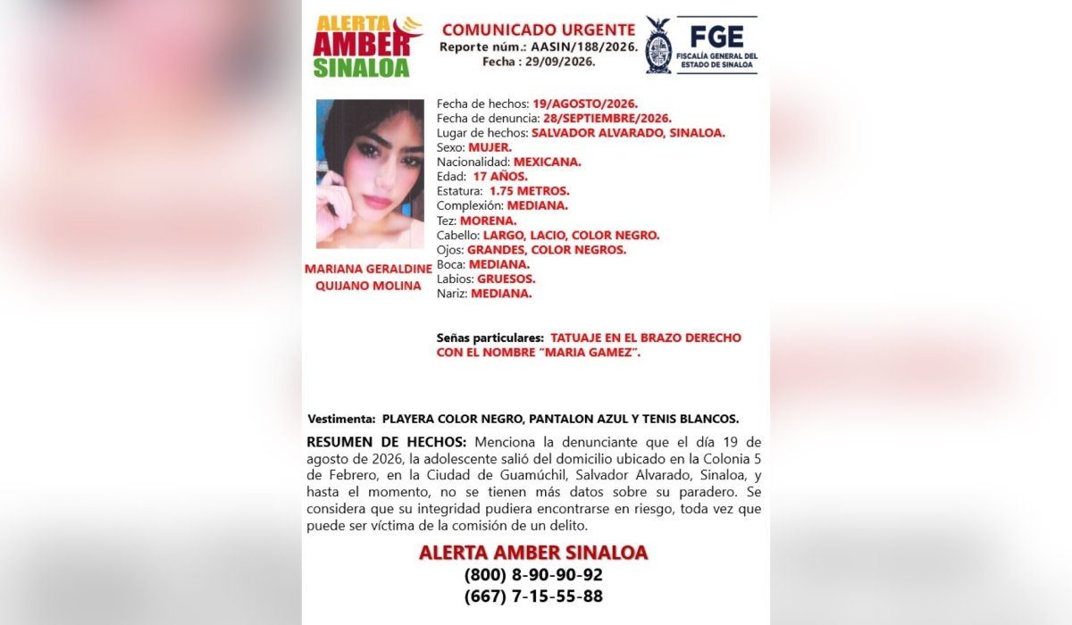 Mariana Geraldine Quijano Molina, desaparecida en Guamúchil