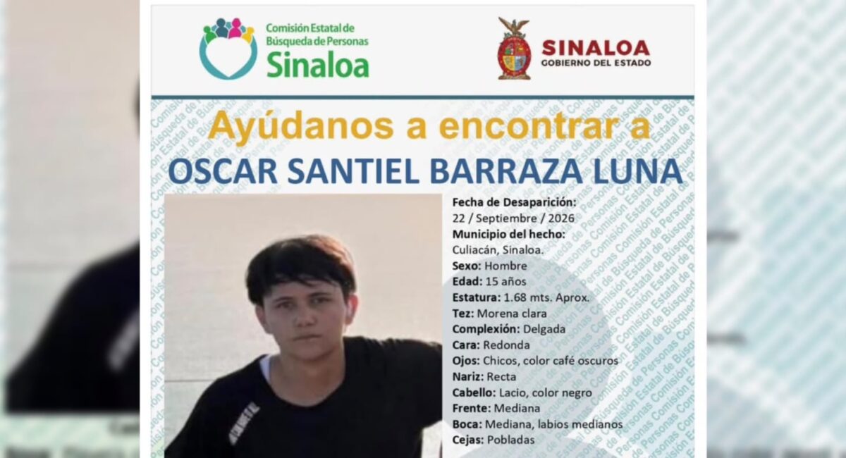 Buscan a Óscar Santiel, joven de 15 años reportado como desaparecido en Culiacán, Sinaloa