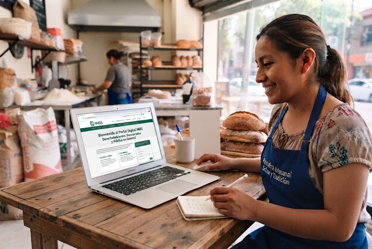 Micro empresaria panadera, tomando nota de datos del portal del IMSS