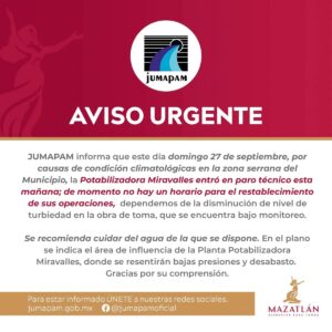 Paro técnico en planta potabilizadora Miravalles en Mazatlán 