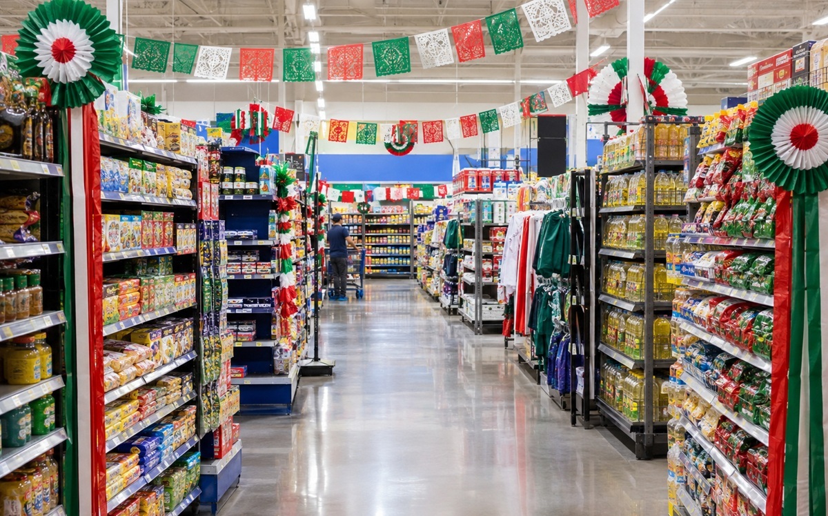 Pasillo de supermercado Walmart durante las fiestas patrias