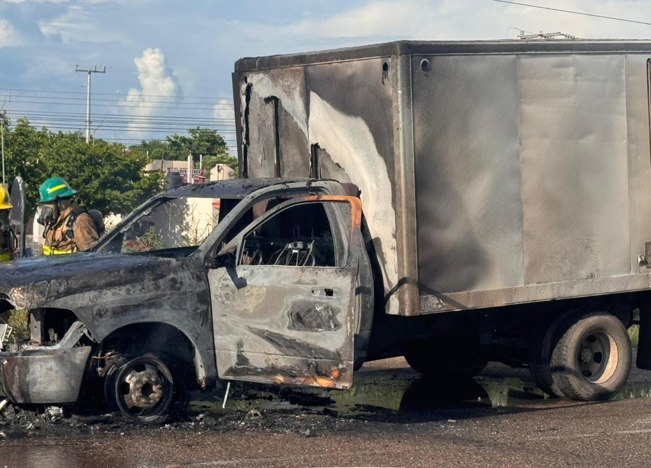 Se incendia camioneta de empresa avícola sobre la México 15, en Salvador Alvarado