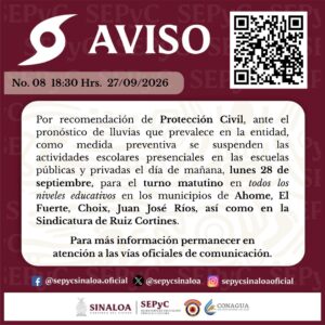 SEPyC suspende clases en el norte de Sinaloa por efectos del huracán "Polo"
