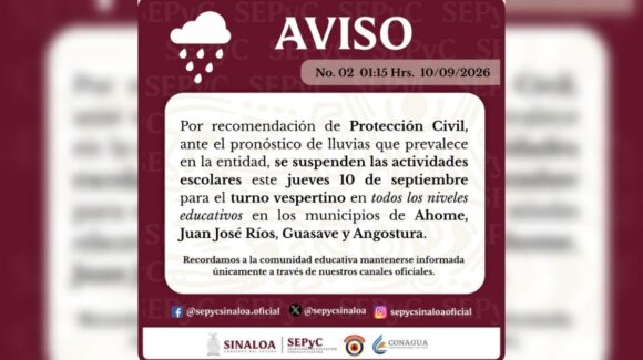Suspenden clases en cuatro municipios de Sinaloa este jueves 10 de septiembre por fuertes lluvias