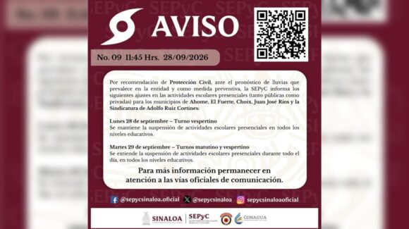 Suspenden clases este martes en cinco municipios del norte de Sinaloa por el huracán Polo