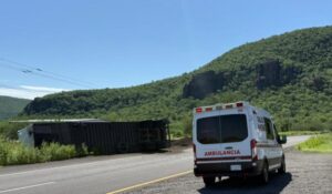 Chofer que manejaba un tráiler queda volcado en la México 15 y el Poblado 7, en Ahome, Sinaloa