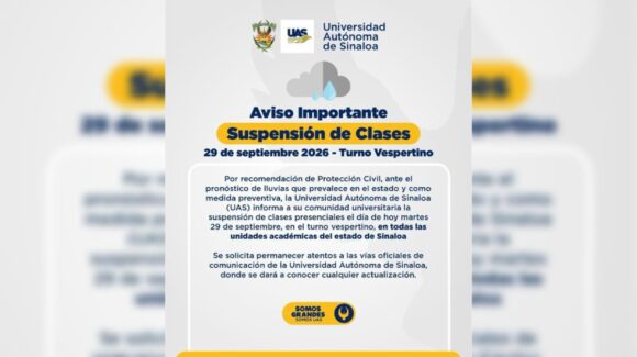 ¡Atención estudiantes! UAS suspende clases vespertinas en todo Sinaloa este martes 29 de septiembre por lluvias
