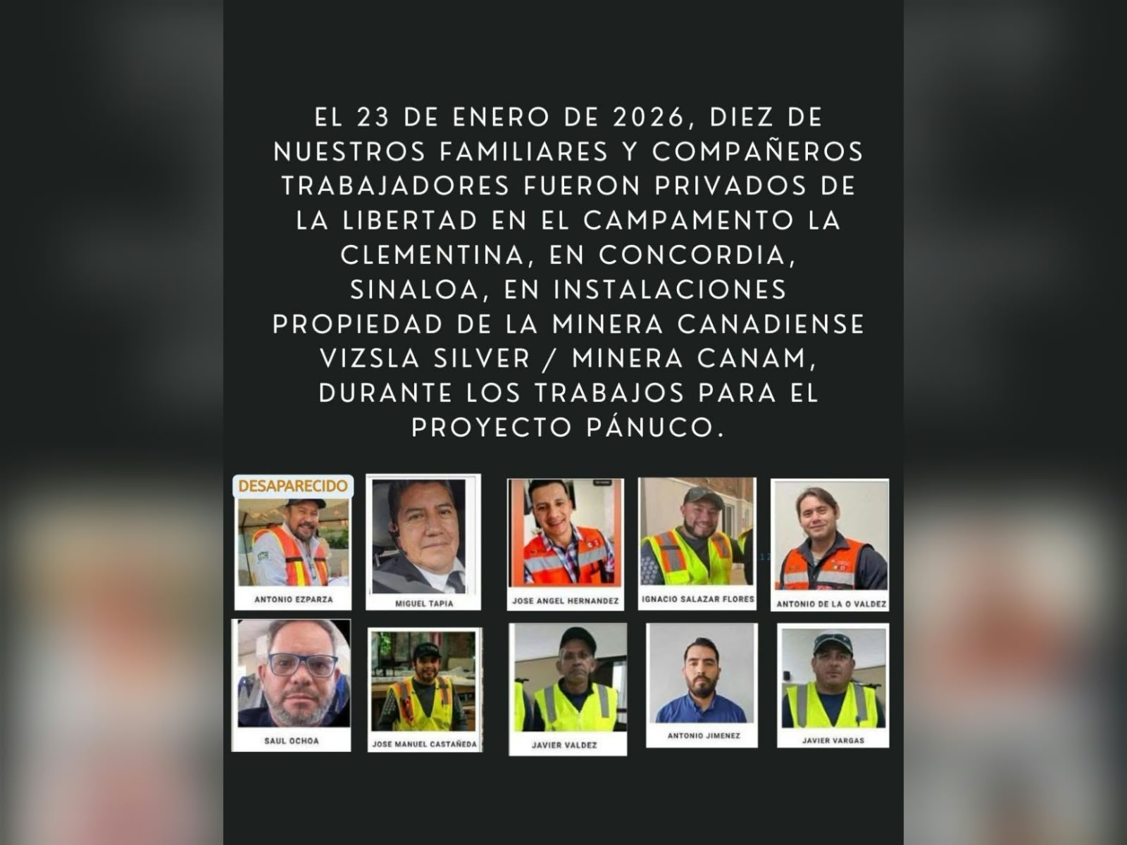 A ocho meses del secuestro en Concordia, Sinaloa, familias de mineros exigen respuestas a Vizsla Silver