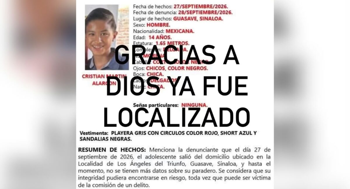 Localizan sano y salvo a adolescente de 14 años reportado como desaparecido en Guasave, Sinaloa