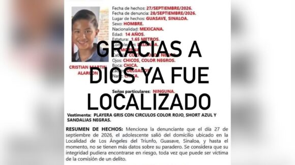 Localizan sano y salvo a adolescente de 14 años reportado como desaparecido en Guasave, Sinaloa