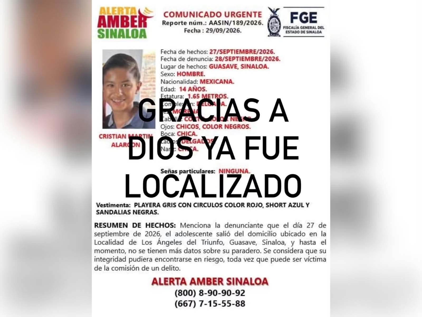 Localizan a adolescente desaparecido en Guasave