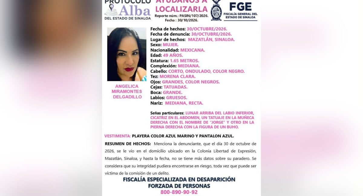 Buscan a Angélica Miramontes en Mazatlán, Sinaloa; activan Protocolo Alba tras su desaparición
