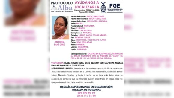 Activan ficha de búsqueda para localizar a Antonia Díaz Díaz tras desaparecer en la sindicatura Benito Juárez, Navolato, Sinaloa