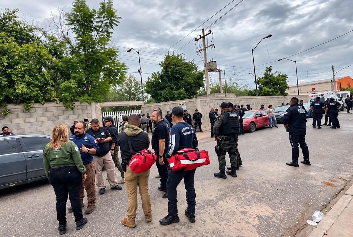 Autoridades y cuerpos de emergencia en la Secundaria 13 en Coahuila, donde se registró un ataque