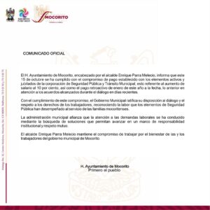 Comunicado del Gobierno Municipal de Mocorito