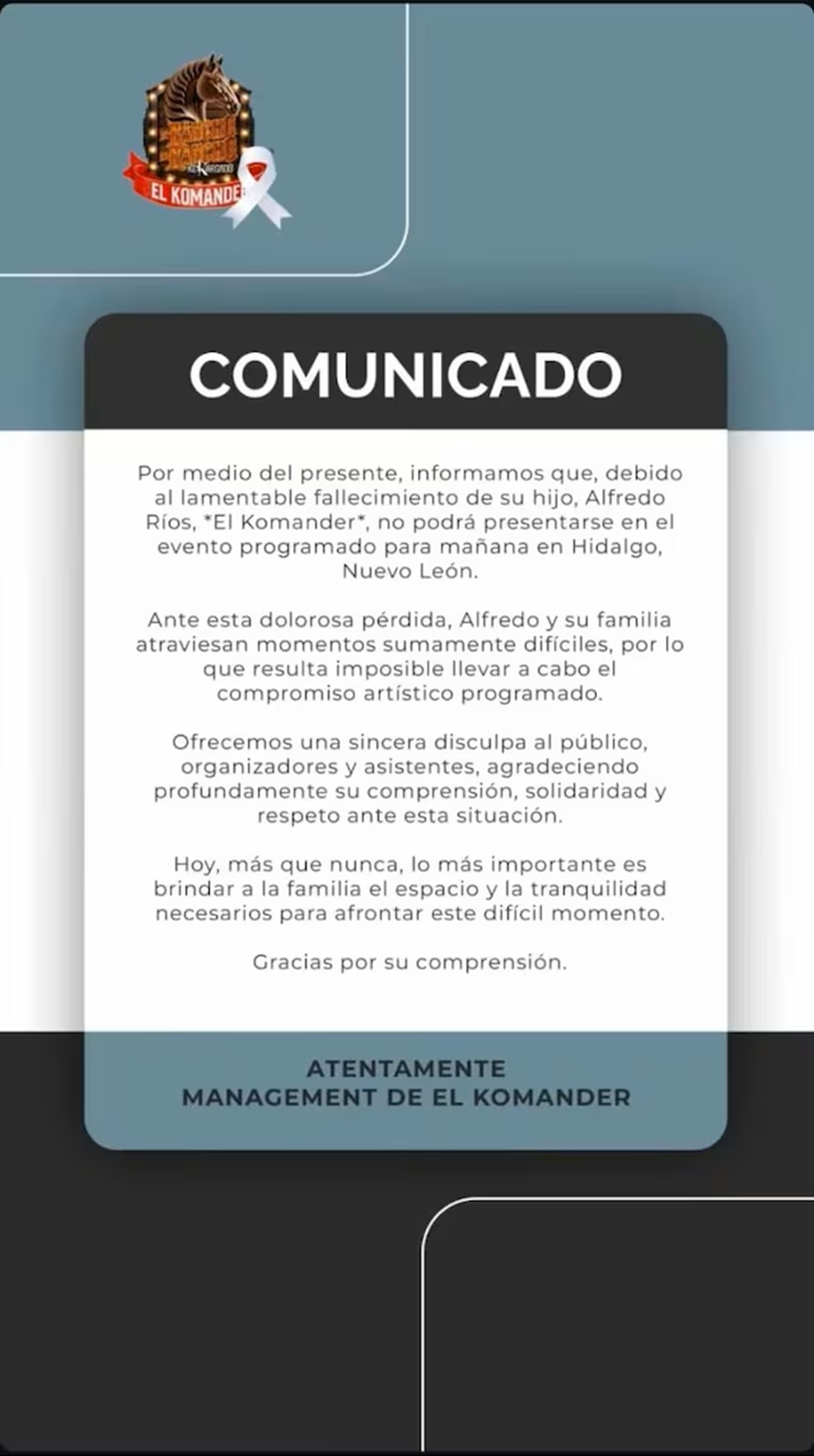 Comunicado de cancelación de concierto de Alfredo Ríos 'El Komander'