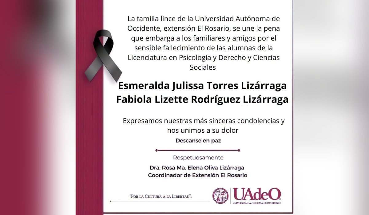 Esquela de UAdeO tras fallecimiento de estudiantes en accidente en Rosario