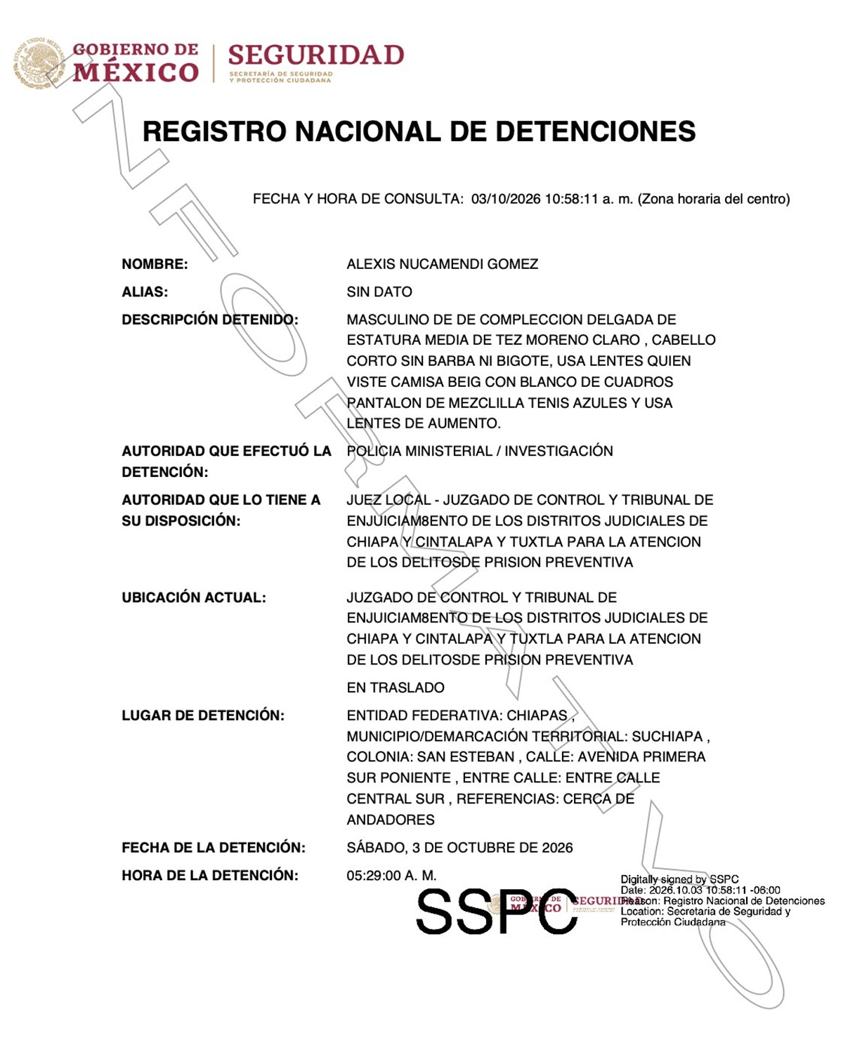 Ficha de detención de Alexis Nucamendi