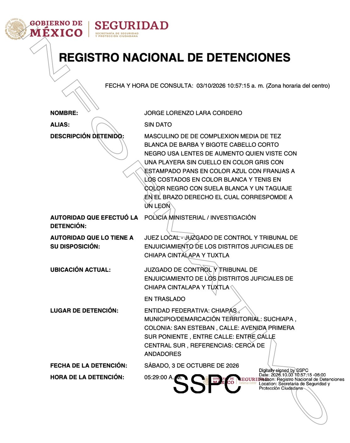 Ficha de detención de Jorge Lara Cordero