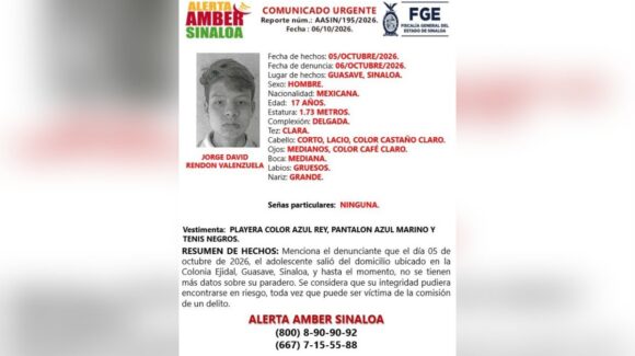 Activan Alerta Amber por adolescente desaparecido en Guasave, Sinaloa