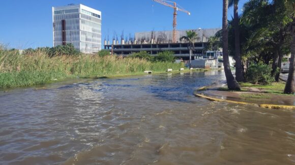 Laguna del Camarón en Mazatlán se desborda y causa severa inundación sobre Avenida Insurgentes y fraccionamiento Flamingos