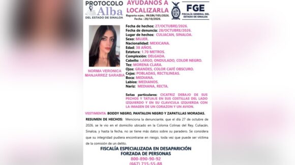 Activan ficha de búsqueda por la desaparición de Norma Verónica Manjarrez Sarabia en Culiacán, Sinaloa