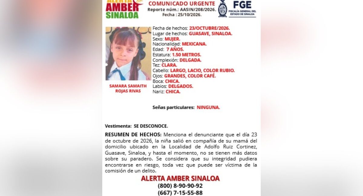 Activan Alerta Amber por Samara, niña de 7 años desaparecida en Guasave, Sinaloa