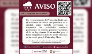Suspende SEPyC clases presenciales en Eldorado y Elota, hoy viernes para el turno vespertino por lluvias
