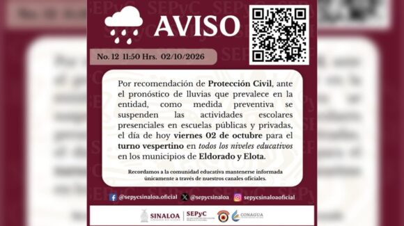 Suspende SEPyC clases presenciales en Eldorado y Elota, hoy viernes para el turno vespertino por lluvias