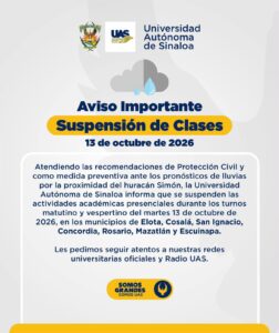 UAS suspende clases en siete municipios por huracán "Simón"